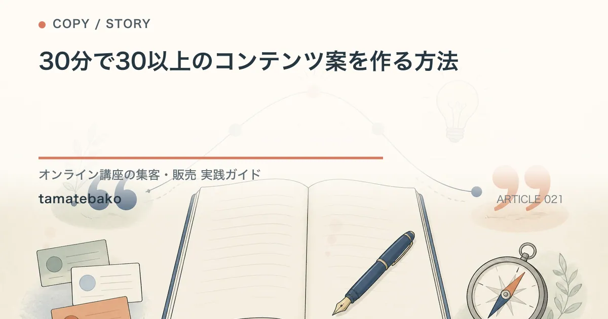 30分で30以上のコンテンツ案を作る方法を解説するtamatebakoブログのサムネイル